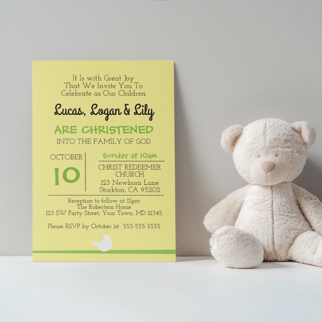 Dove på Gult Christening-inbjudan till Gren Inbjudningar (Skapare uppladdad)