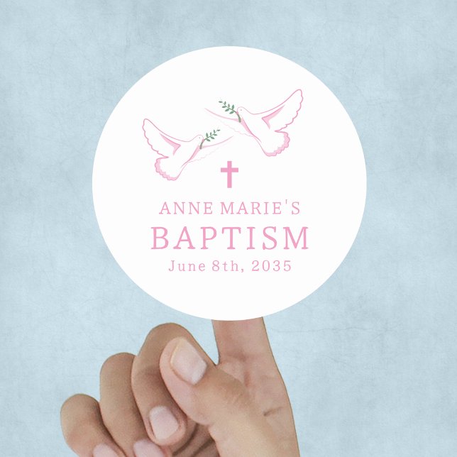 Dove Rosa Girl Girl Baptism Runt Klistermärke (Dove Pink Girl Baptism Classic Round Sticker
)
