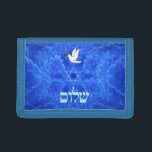 Dove - Shalom<br><div class="desc">Med "shalom" (hebreisk "fred") och en duva som bär lite oliver gren i sin näsa på en fin blå och vit ryggstöt som påminner om fåglar vingar.</div>