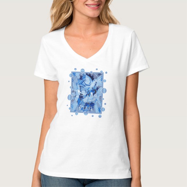 Dove With Celtic Peace Text In Blue Tones T Shirt (Framsida)