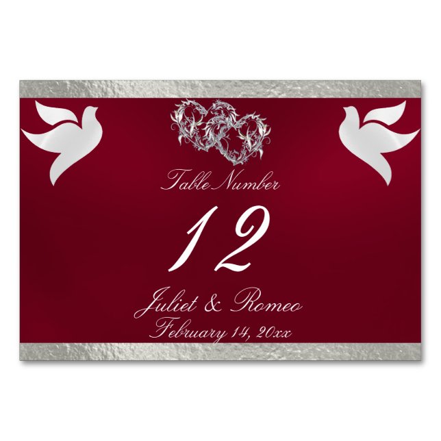 Doves & Heart - Bordsnumret Burgundy/Silver Bordsnummer (Framsidan)