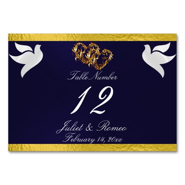 Doves & Heart - Bordsnumret Navy Blue/Guld Bordsnummer (Framsidan)