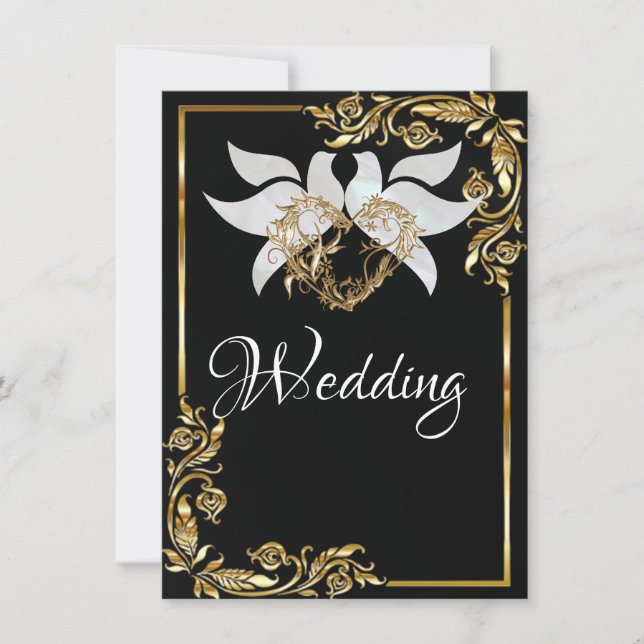 Doves, Heart & Gold Frame on Black Inbjudningar (Framsida)