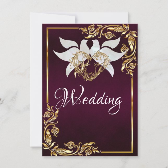 Doves, Heart & Gold Frame on Dark Purple Inbjudningar (Framsida)