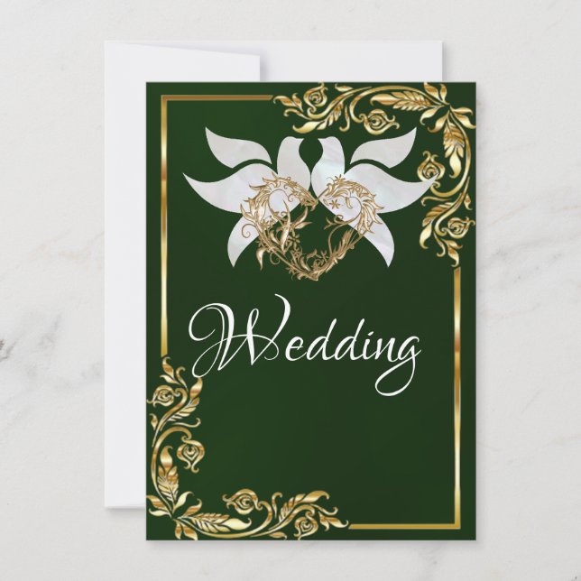 Doves, Heart & Gold Frame on Emerald Green Inbjudningar (Framsida)