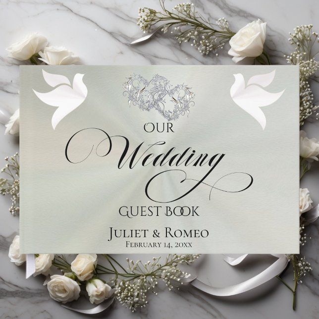 Doves & Linked Hearts - Pastel Sage/Silver Gästböcker (Skapare uppladdad)