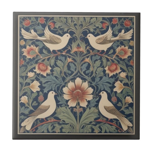Doves William Morris stil Four Dove Birds Kakelplatta (Framsidan)