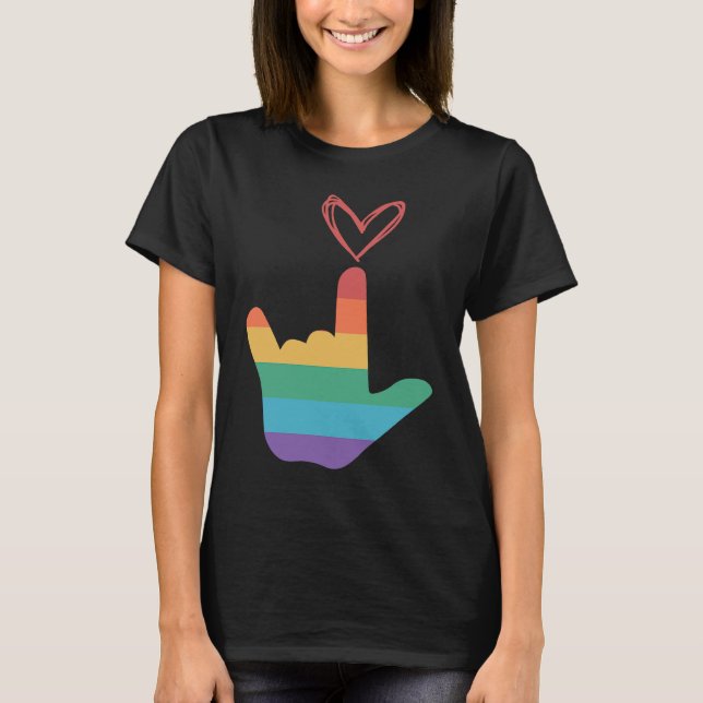 DÖVET ASL Rainbow Kärlek Symbol T Shirt (Framsida)
