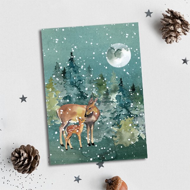 Dovhjort och kalv i skog med fullmåne och snöfall julkort (Doe and Fawn Deer in Forest Full Moon Snowfall Holiday Card)