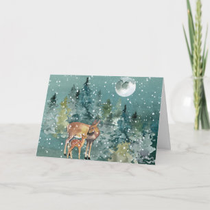Dovhjort och kalv i skog med fullmåne och snöfall kort