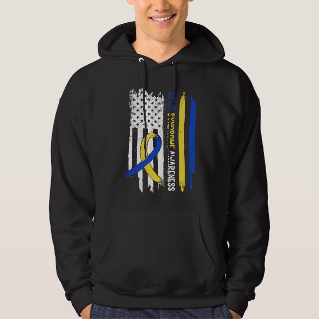 Down Syndrome USA Flag Blue Yellow Ribbon Hoodie (Framsida)