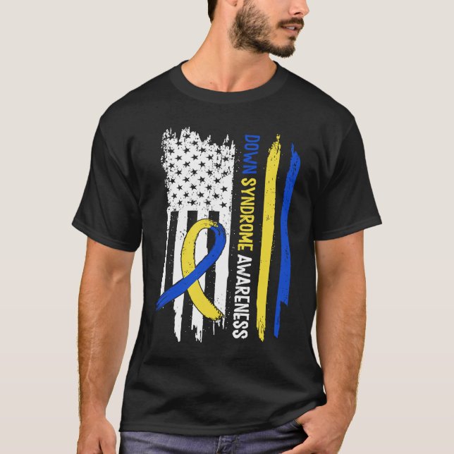 Down Syndrome USA Flag Blue Yellow Ribbon T Shirt (Framsida)