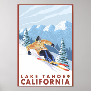 Downhhill snöSkier - Lake Tahoe, Kalifornien Poster