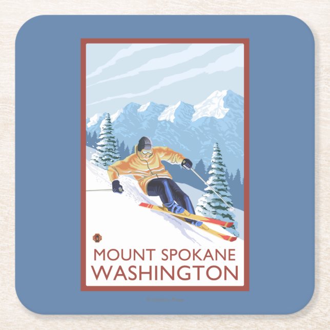 Downhhill snöSkier - montering Spokane, Underlägg Papper Kvadrat (Framsidan)