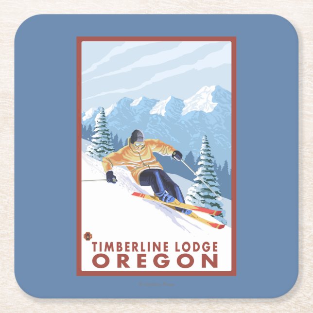Downhhill snöSkier - Timberlineloge, Oregon Underlägg Papper Kvadrat (Framsidan)