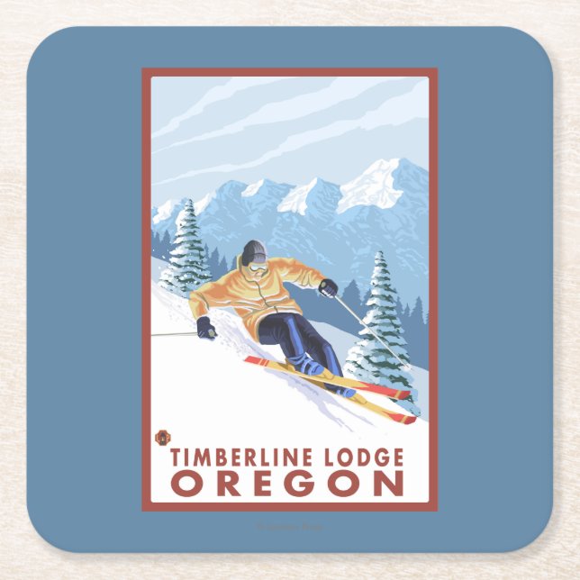 Downhhill snöSkier - Timberlineloge, Oregon Underlägg Papper Kvadrat (Framsidan)