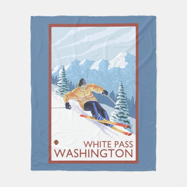 Downhhill snöSkier - vit passerar, Washington Fleecefilt (Framsidan)