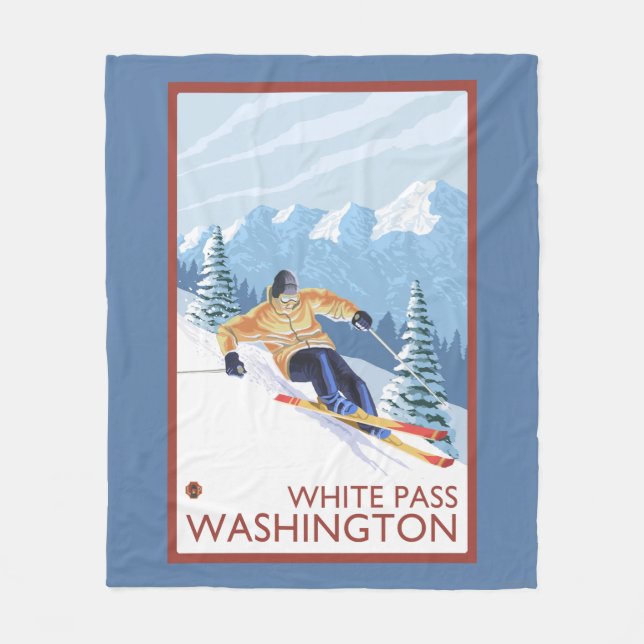 Downhhill snöSkier - vit passerar, Washington Fleecefilt (Framsidan)