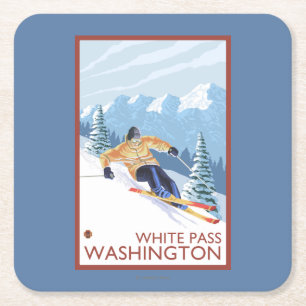 Downhhill snöSkier - vit passerar, Washington Underlägg Papper Kvadrat