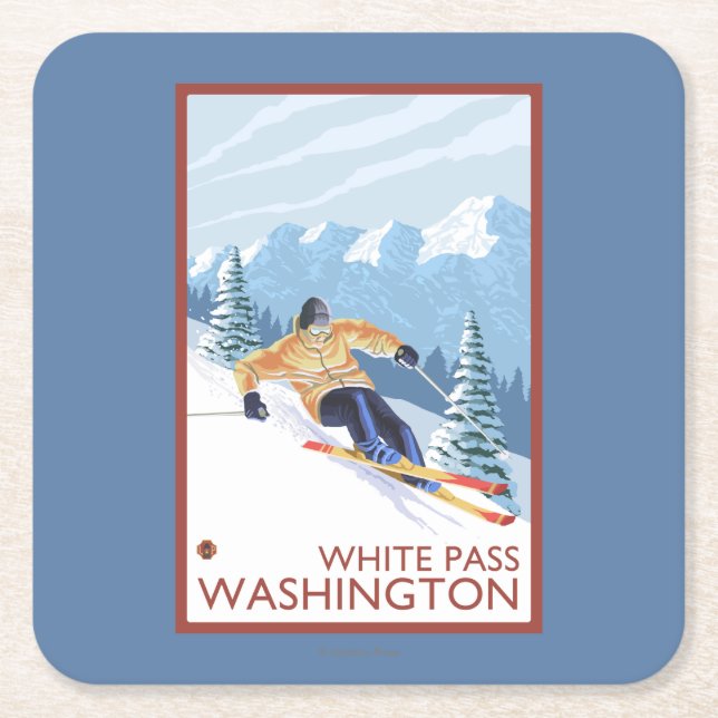 Downhhill snöSkier - vit passerar, Washington Underlägg Papper Kvadrat (Framsidan)