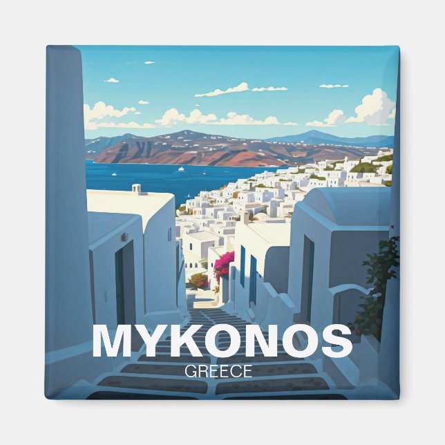 Downhill street Mykonos Greece Cyclades Travel Magnet (Framsidan)