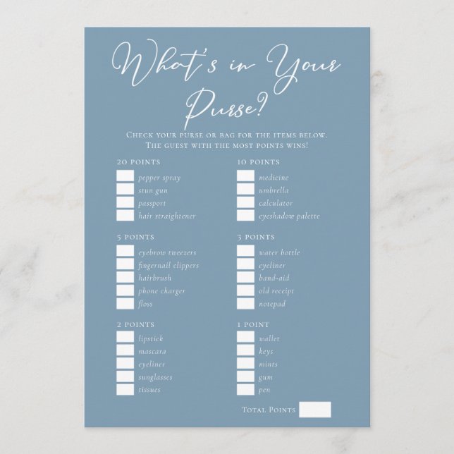 Downloadable Blue Purse Bridal Shower Game Kort (Framsida)