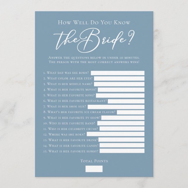 Downloadable Chic Blue Bridal Shower Trivia Game Kort (Framsida)