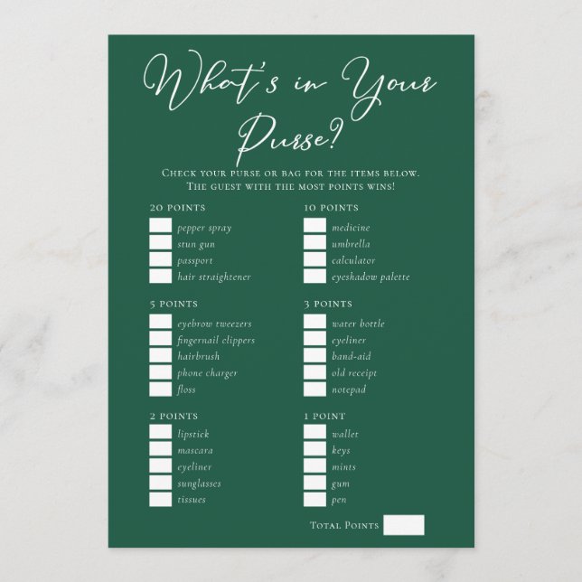 Downloadable Green Purse Bridal Shower Game Kort (Framsida)