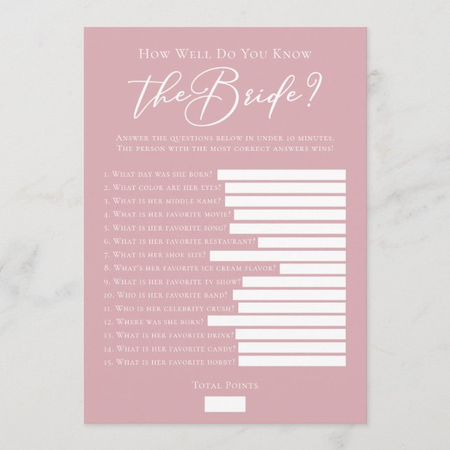 Downloadable Rose Pink Bride Facts Shower Game Kort (Framsida)