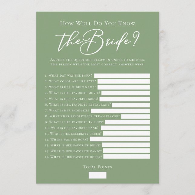 Downloadable Sage Green Bride Facts Shower Game Kort (Framsida)
