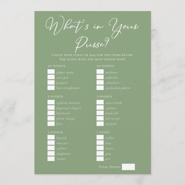 Downloadable Sage Green Purse Bridal Shower Game Kort (Framsida)