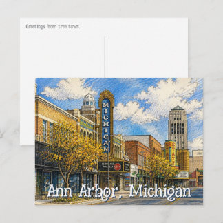 Downtown Ann Arbor, Michigan Handritad Stil Vykort