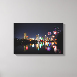Downtown Austin Texas Night Skyline Fireworks Canvastryck