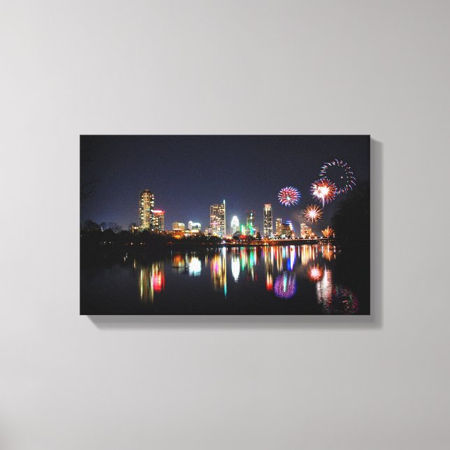 Downtown Austin Texas Night Skyline Fireworks Canvastryck (Framsida)