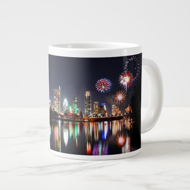 Downtown Austin Texas Night Skyline Fireworks Jumbo Mugg (Framsida höger)
