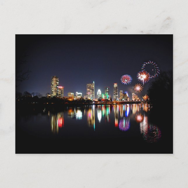 Downtown Austin Texas Night Skyline Fireworks Vykort (Framsida)