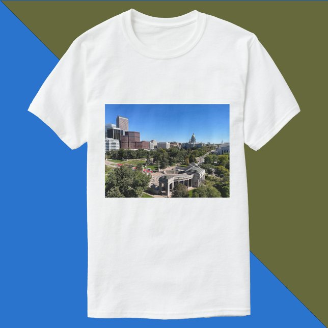 Downtown Denver Colorado Skyline Photo T Shirt (A tshirt featuring downtown Denver, the Capitol Dome and Civic Center park.)