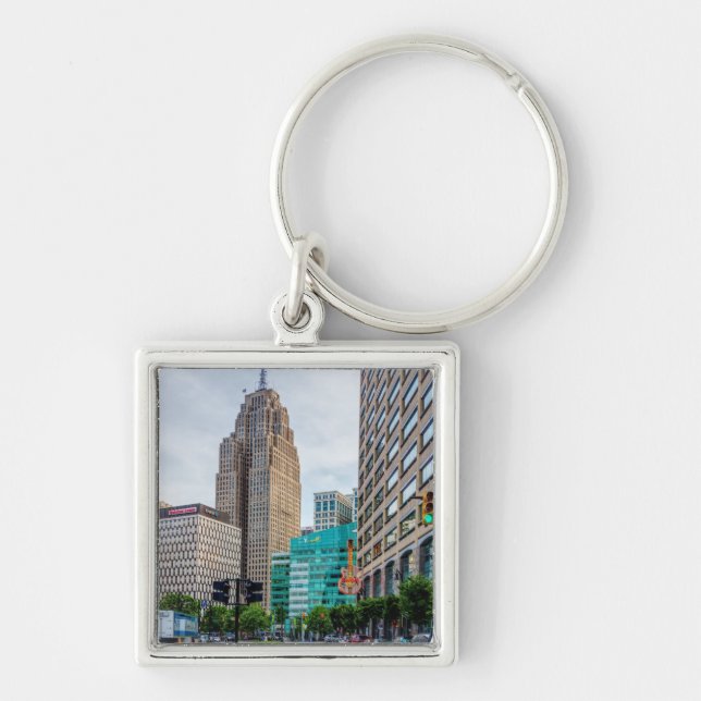 Downtown Detroit Fyrkantig Silverfärgad Nyckelring (Framsidan)