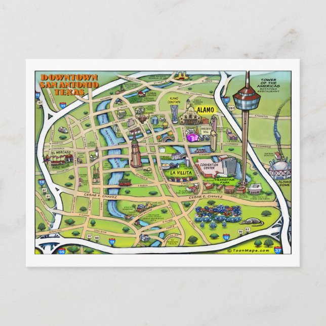 Downtown San Antonio Tecknad Karta Vykort (Framsida)