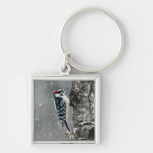 Downy Woodpecker i Snö - Originalfotografi Fyrkantig Silverfärgad Nyckelring