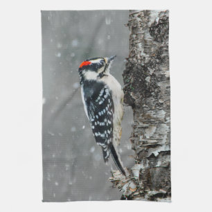 Downy Woodpecker i Snö - Originalfotografi Kökshandduk