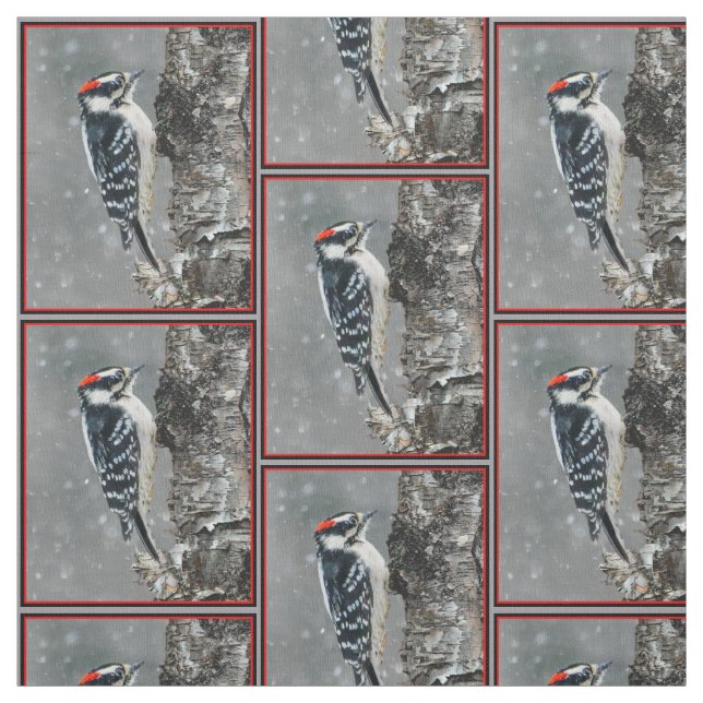 Downy Woodpecker i Snö - Originalfotografi Tyg (Provkarta)