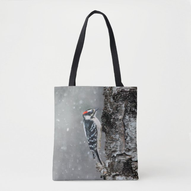 Downy Woodpecker i Snö - Originalfotografi Tygkasse (Framsida)