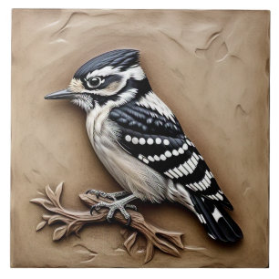 Downy Woodpecker - Kläder och keramiskt plattor Kakelplatta