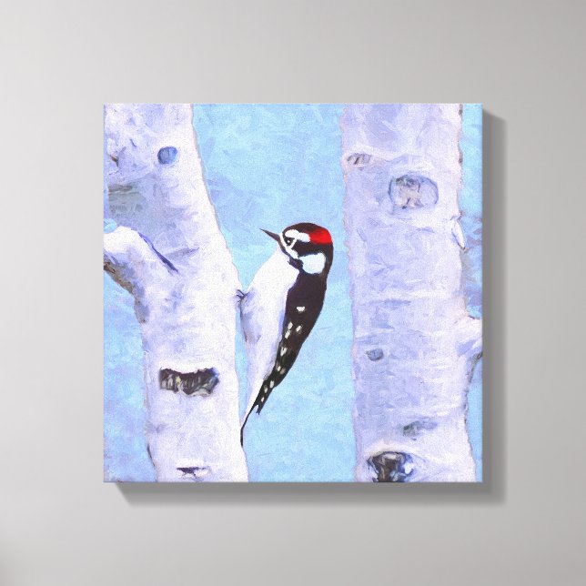 Downy Woodpecker Painting - Original Bird Art Canvastryck (Framsida)