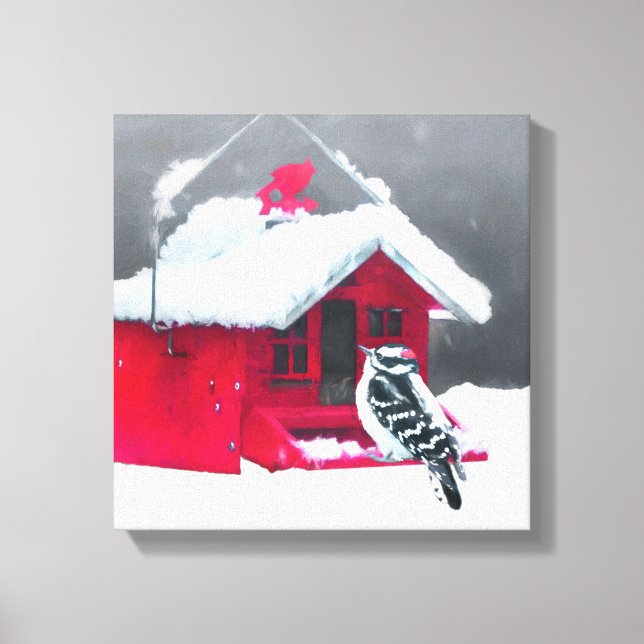 Downy Woodpecker Painting - Original Bird Art Canvastryck (Framsida)