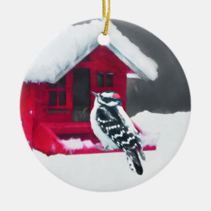 Downy Woodpecker Painting - Original Bird Art Julgransprydnad Keramik