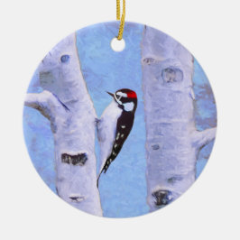 Downy Woodpecker Painting - Original Bird Art Julgransprydnad Keramik