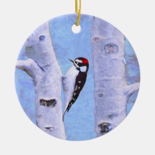 Downy Woodpecker Painting - Original Bird Art Julgransprydnad Keramik