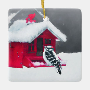 Downy Woodpecker Painting - Original Bird Art Julgransprydnad Keramik